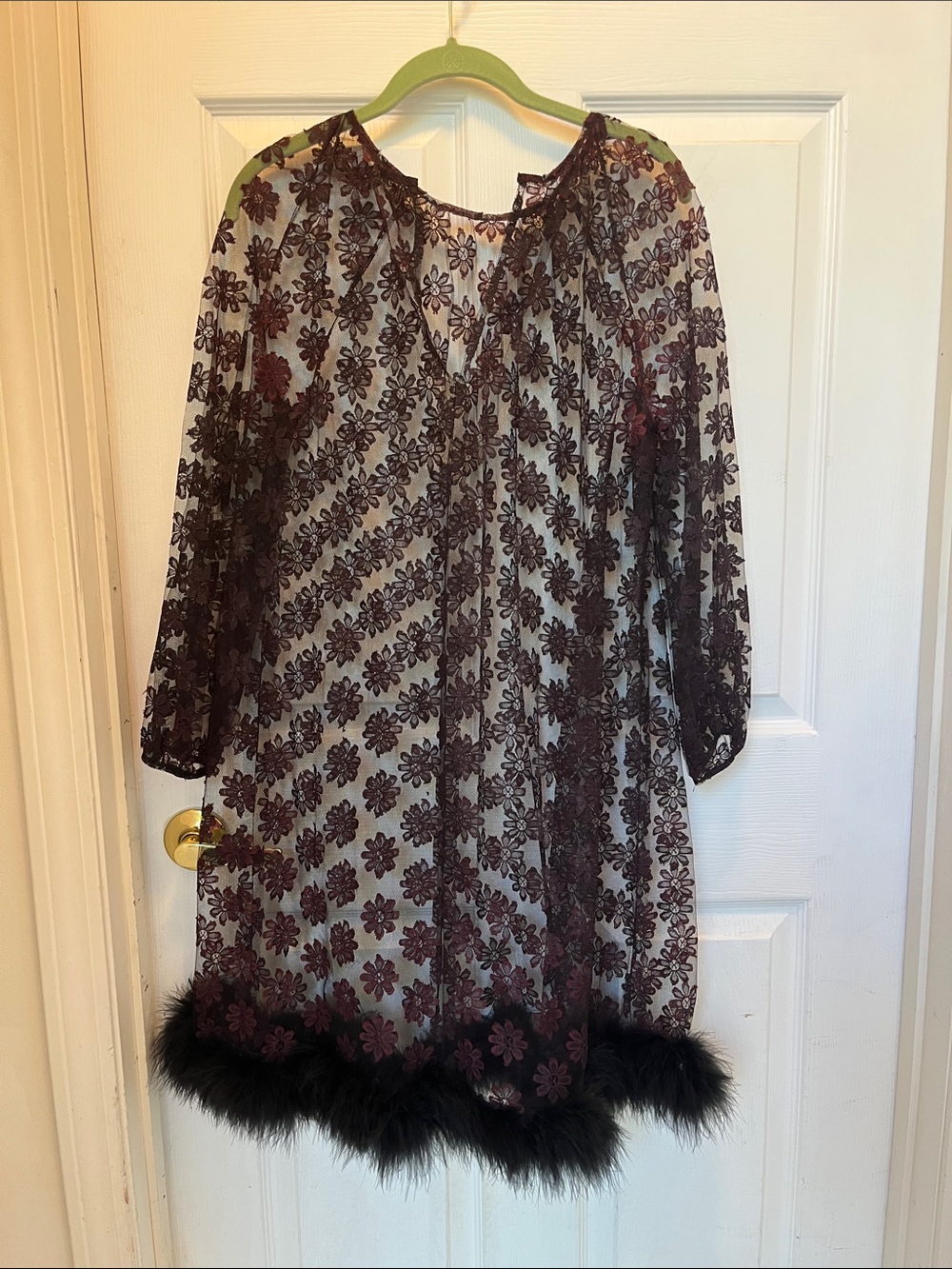 Handmade Vintage 1950’s Sheer Floral Lace Tunic with Feather Trim - Dark Plum